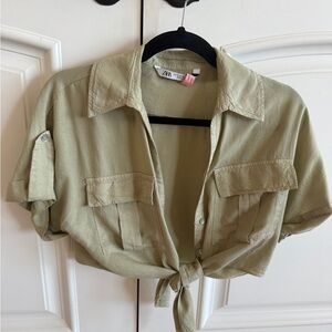 Zara Sage Green Tie-Front Short Sleeve Button-Down
